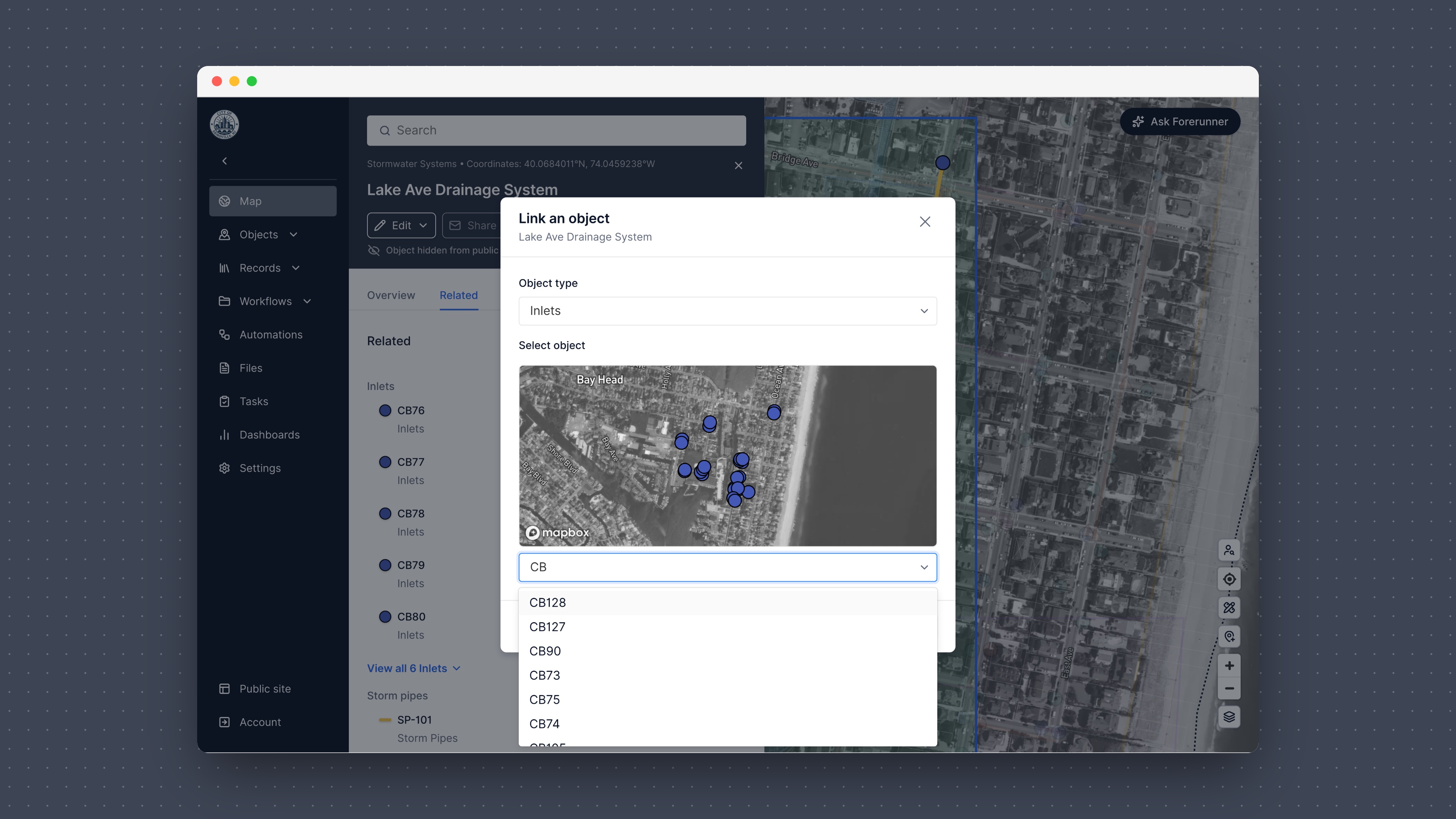 The Link an object window, with Inlets chosen and a map and search list of inlets to pick from